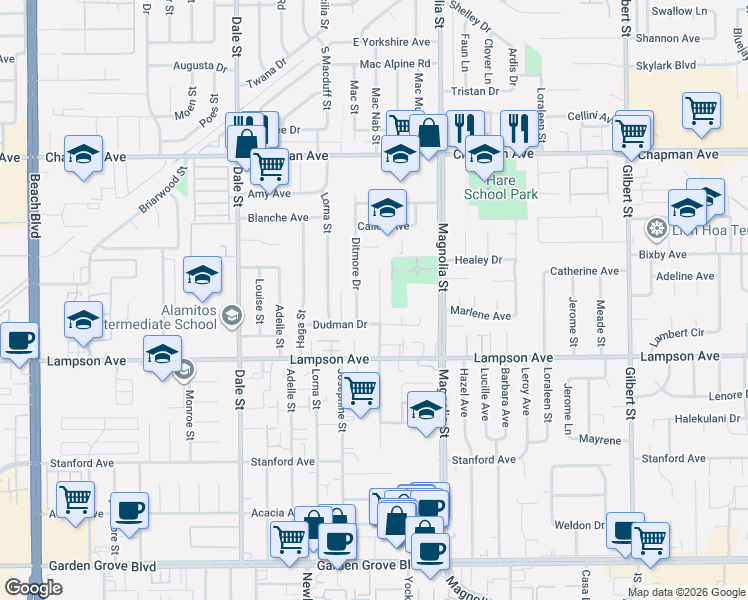 map of restaurants, bars, coffee shops, grocery stores, and more near 12362 Pentagon Street in Garden Grove