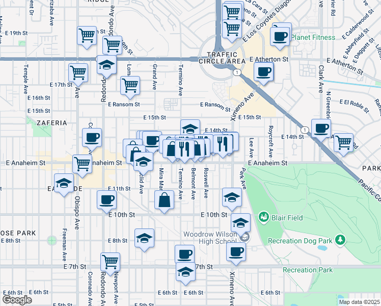 map of restaurants, bars, coffee shops, grocery stores, and more near 4118 East Fountain Street in Long Beach