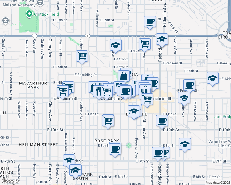 map of restaurants, bars, coffee shops, grocery stores, and more near 2829 East Anaheim Street in Long Beach