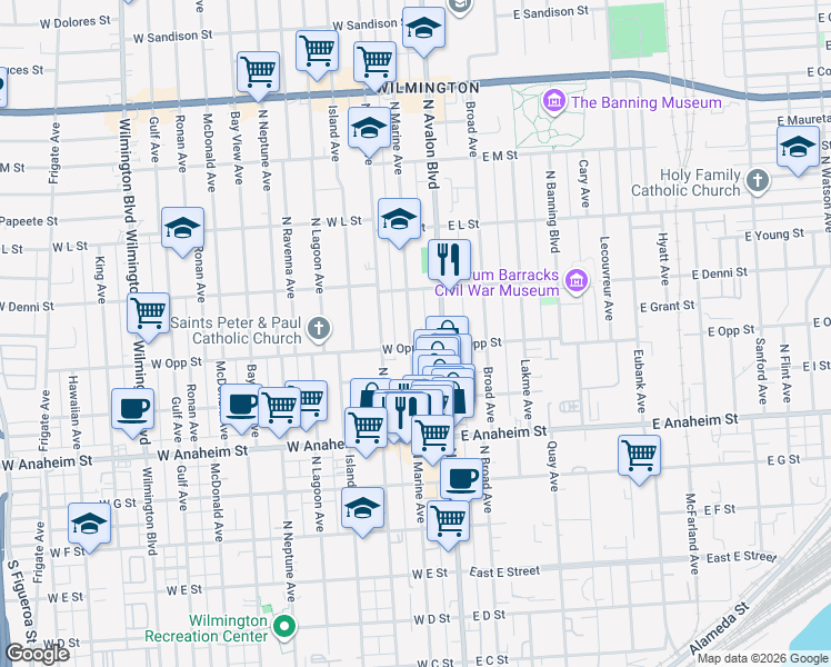 map of restaurants, bars, coffee shops, grocery stores, and more near 203 West Opp Street in Los Angeles
