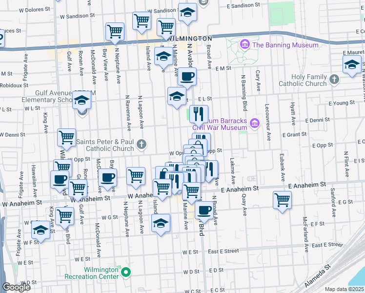 map of restaurants, bars, coffee shops, grocery stores, and more near 203 West Opp Street in Los Angeles