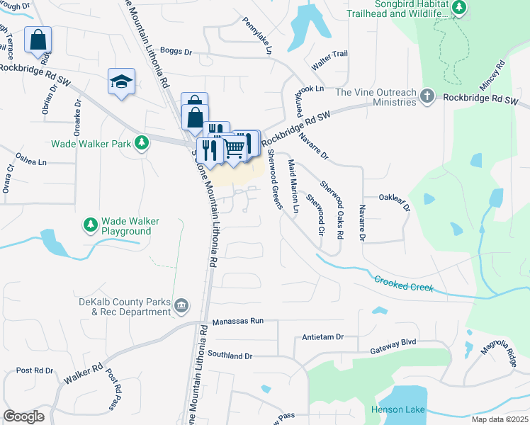 map of restaurants, bars, coffee shops, grocery stores, and more near 5630 Stonington Trace Parkway in Stone Mountain