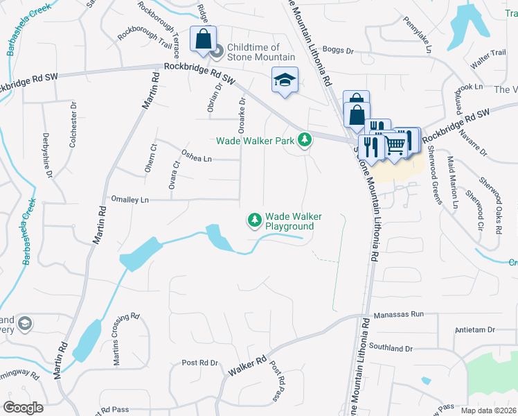 map of restaurants, bars, coffee shops, grocery stores, and more near 511 Rock Meadow Drive in Stone Mountain
