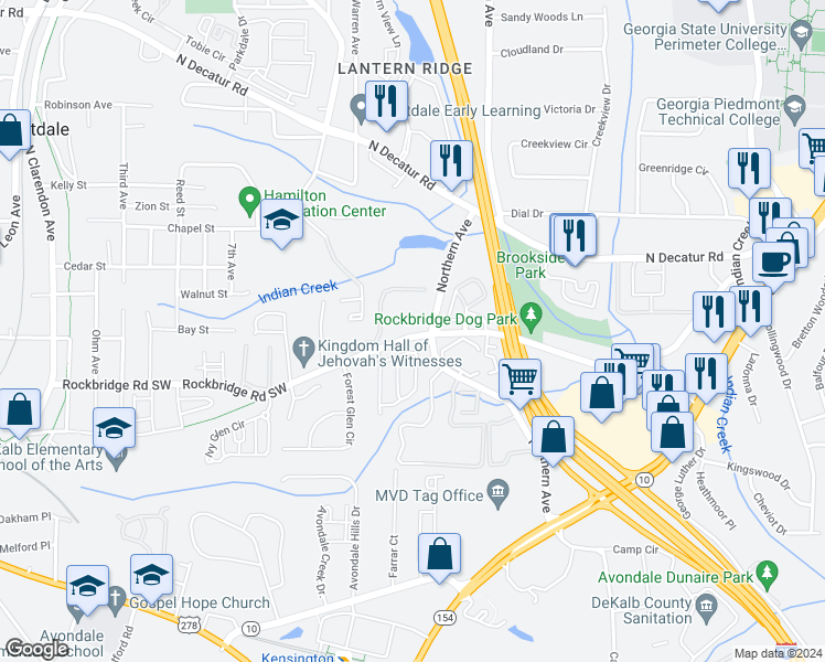map of restaurants, bars, coffee shops, grocery stores, and more near 3460 Kensington Parc Circle in Avondale Estates