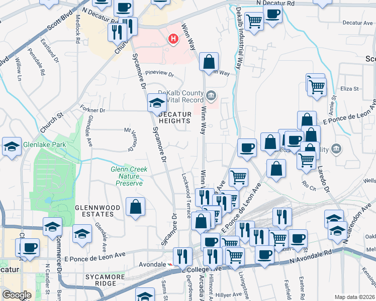 map of restaurants, bars, coffee shops, grocery stores, and more near 5 Grovemont Court in Decatur