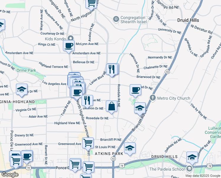 map of restaurants, bars, coffee shops, grocery stores, and more near 1040 North Virginia Avenue Northeast in Atlanta