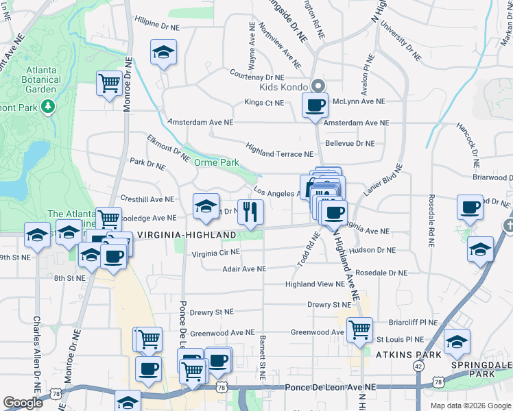 map of restaurants, bars, coffee shops, grocery stores, and more near 1032 Elizabeth Court Northeast in Atlanta