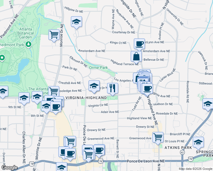 map of restaurants, bars, coffee shops, grocery stores, and more near 833 Clemont Drive Northeast in Atlanta