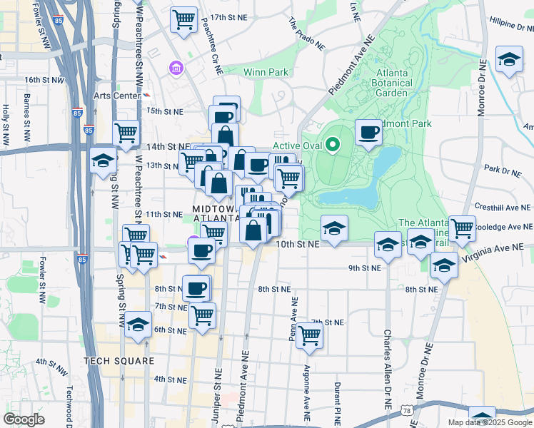 map of restaurants, bars, coffee shops, grocery stores, and more near 1050 Piedmont Avenue Northeast in Atlanta