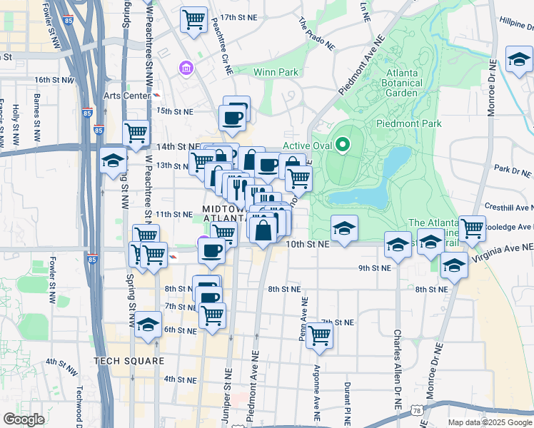map of restaurants, bars, coffee shops, grocery stores, and more near 191 11th Street Northeast in Atlanta