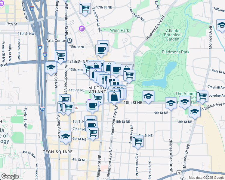 map of restaurants, bars, coffee shops, grocery stores, and more near 191 11th Street Northeast in Atlanta