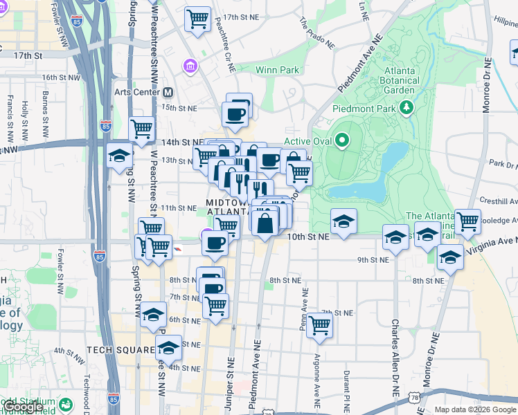 map of restaurants, bars, coffee shops, grocery stores, and more near 191 11th Street Northeast in Atlanta