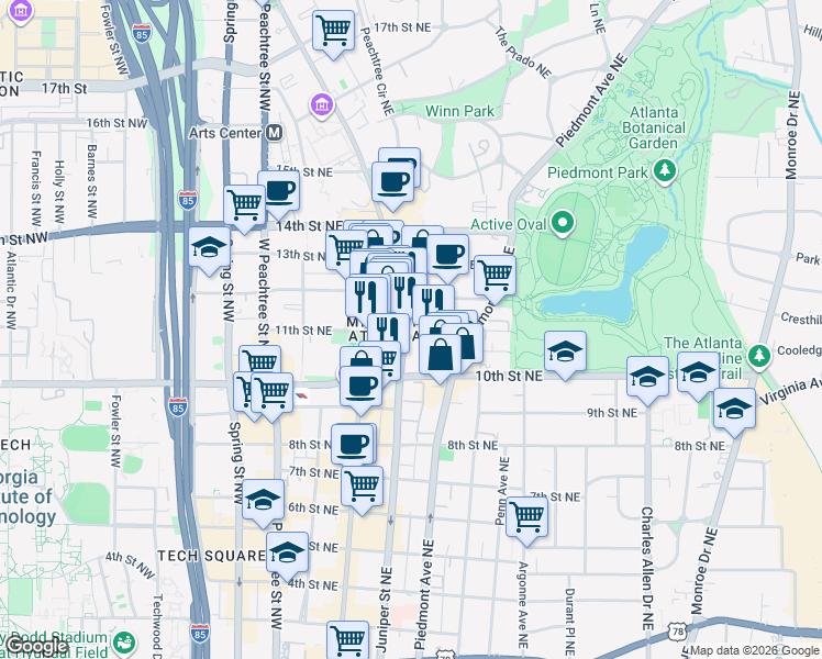 map of restaurants, bars, coffee shops, grocery stores, and more near in Atlanta
