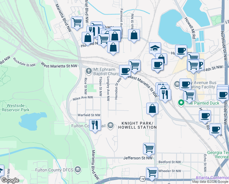 map of restaurants, bars, coffee shops, grocery stores, and more near 1026 Herndon Street Northwest in Atlanta