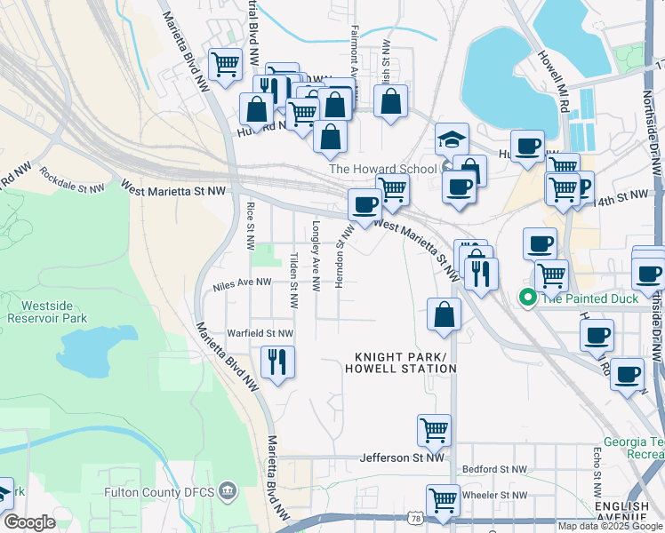 map of restaurants, bars, coffee shops, grocery stores, and more near 1026 Herndon Street Northwest in Atlanta