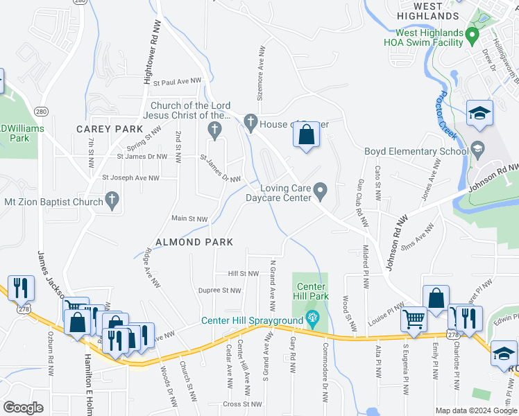 map of restaurants, bars, coffee shops, grocery stores, and more near 1043 Ada Avenue Northwest in Atlanta