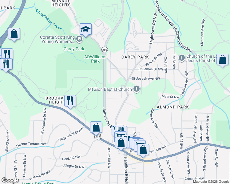 map of restaurants, bars, coffee shops, grocery stores, and more near 2670 Morris Street Northwest in Atlanta