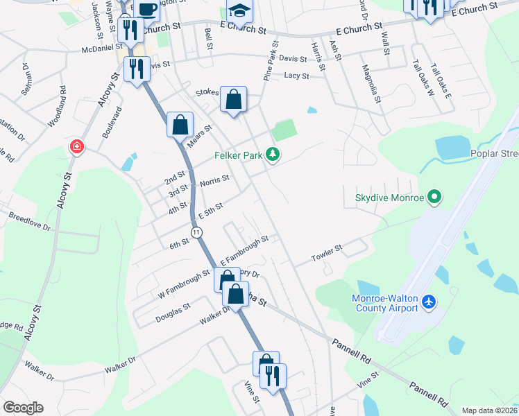 map of restaurants, bars, coffee shops, grocery stores, and more near 1022 South Madison Avenue in Monroe