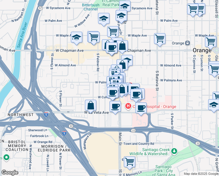 map of restaurants, bars, coffee shops, grocery stores, and more near 374 South Main Street in Orange