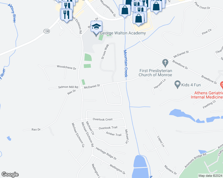 map of restaurants, bars, coffee shops, grocery stores, and more near 114 Sycamore Court in Monroe