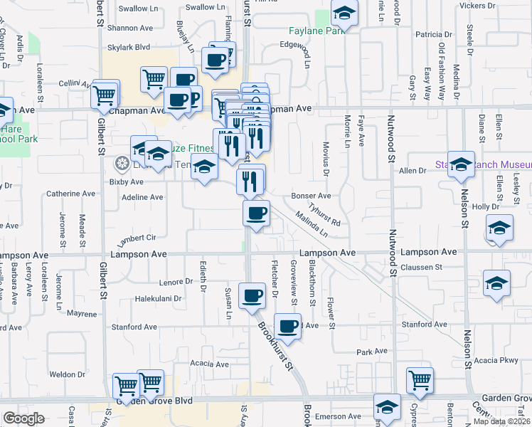 map of restaurants, bars, coffee shops, grocery stores, and more near 10075 Hidden Village Road in Garden Grove