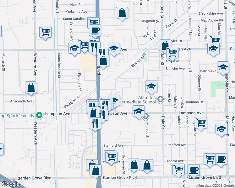 map of restaurants, bars, coffee shops, grocery stores, and more near 8159 Laguna Court in Stanton