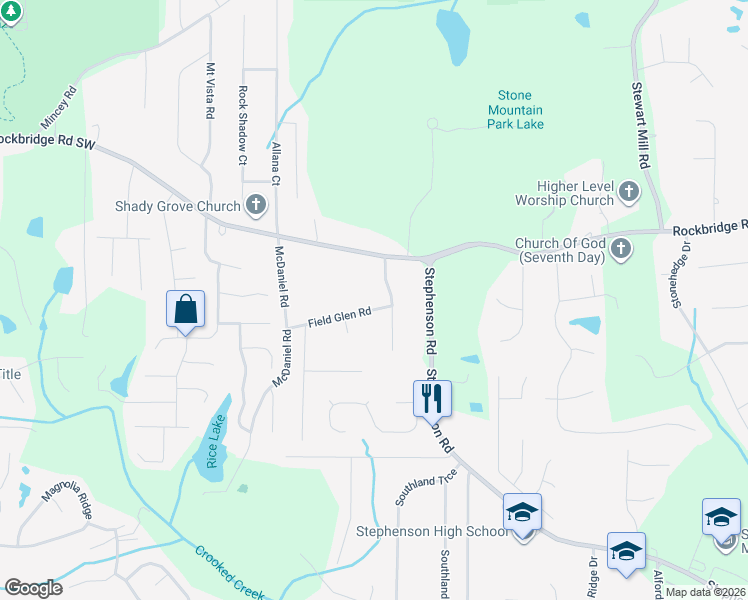 map of restaurants, bars, coffee shops, grocery stores, and more near 529 Edgefield Drive in Stone Mountain