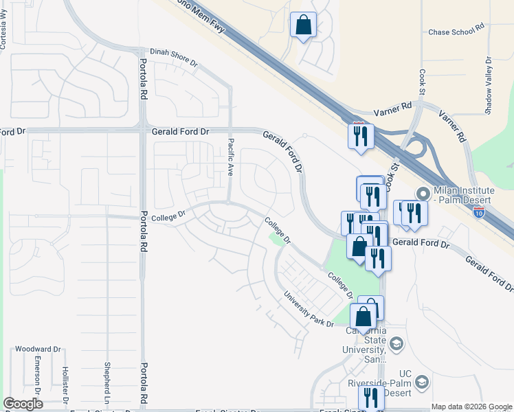 map of restaurants, bars, coffee shops, grocery stores, and more near 36145 Cameron Place in Palm Desert
