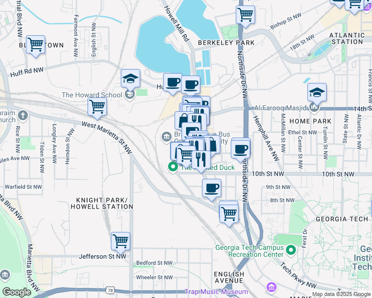 map of restaurants, bars, coffee shops, grocery stores, and more near 1075 Brady Avenue Northwest in Atlanta