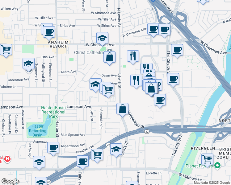 map of restaurants, bars, coffee shops, grocery stores, and more near 12361 South Lewis Street in Garden Grove