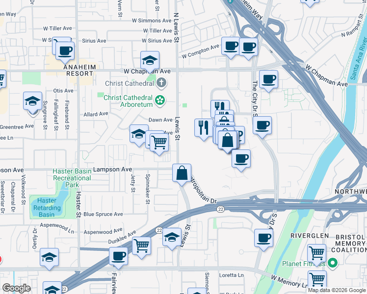 map of restaurants, bars, coffee shops, grocery stores, and more near 6100 City Parkway West in Orange
