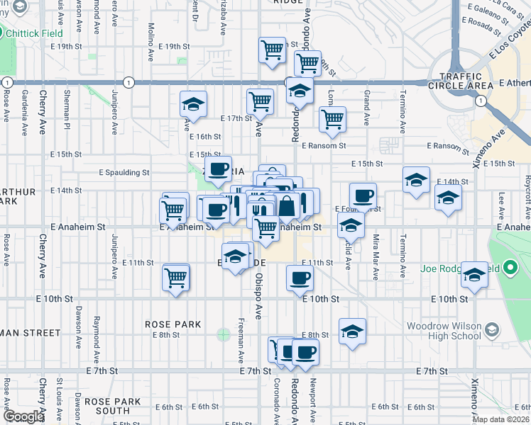 map of restaurants, bars, coffee shops, grocery stores, and more near 1325 Coronado Avenue in Long Beach