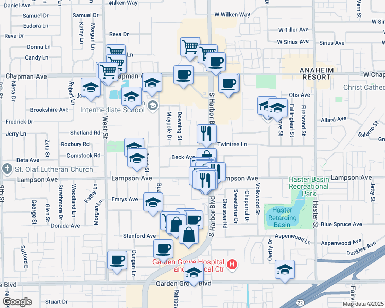 map of restaurants, bars, coffee shops, grocery stores, and more near 12391 Beck Avenue in Garden Grove