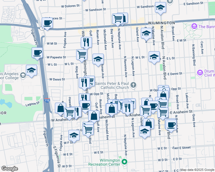 map of restaurants, bars, coffee shops, grocery stores, and more near 1017 Ronan Avenue in Los Angeles
