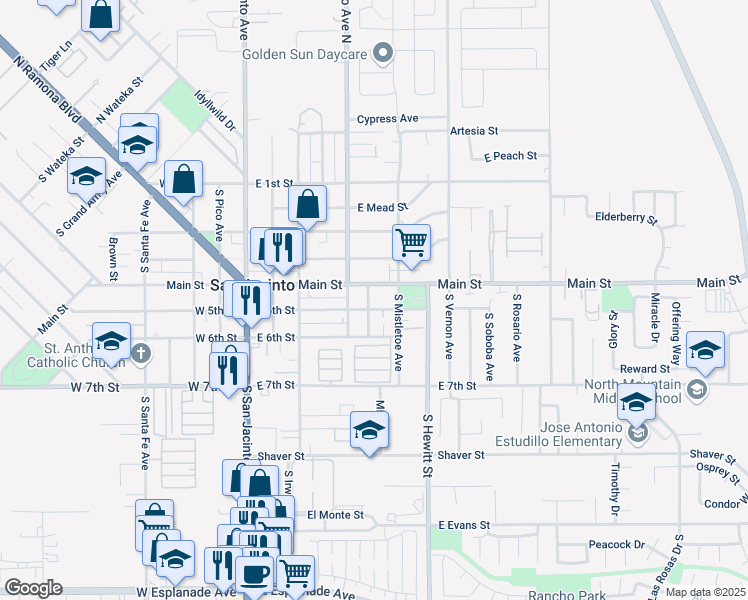 map of restaurants, bars, coffee shops, grocery stores, and more near 461 South Athol Place in San Jacinto