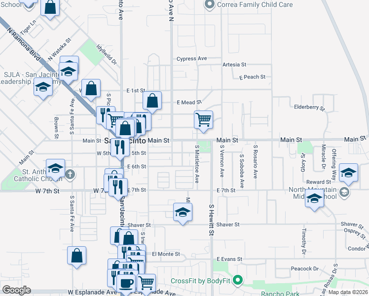 map of restaurants, bars, coffee shops, grocery stores, and more near 461 South Athol Place in San Jacinto