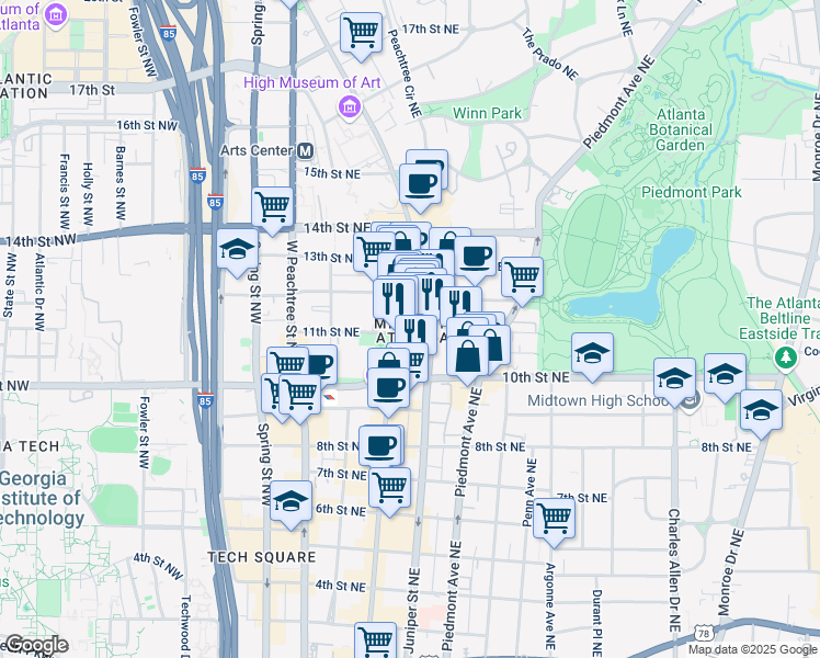 map of restaurants, bars, coffee shops, grocery stores, and more near 1065 Peachtree Street Northeast in Atlanta