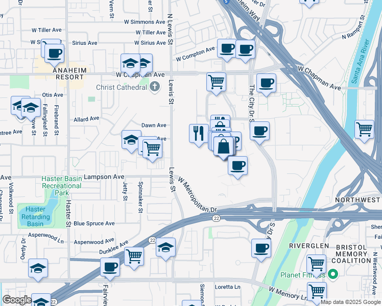 map of restaurants, bars, coffee shops, grocery stores, and more near 500 City Parkway West in Orange
