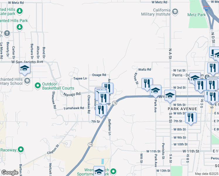 map of restaurants, bars, coffee shops, grocery stores, and more near Arapaho Road in Perris