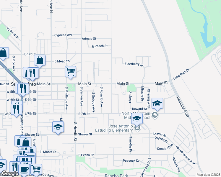 map of restaurants, bars, coffee shops, grocery stores, and more near 476 Camino Los Banos in San Jacinto