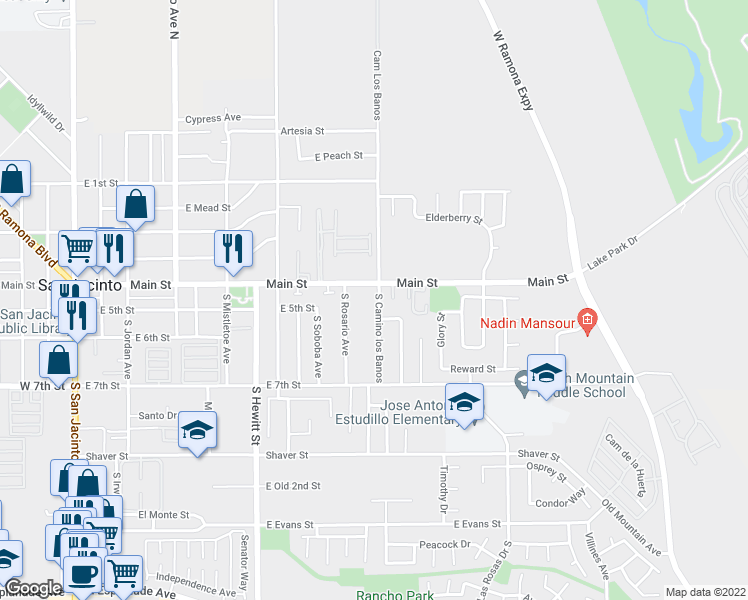 map of restaurants, bars, coffee shops, grocery stores, and more near 434 South Camino los Banos in San Jacinto