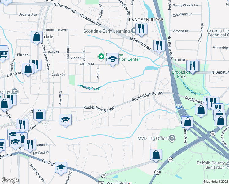 map of restaurants, bars, coffee shops, grocery stores, and more near 289 Glen Cove Drive in Avondale Estates