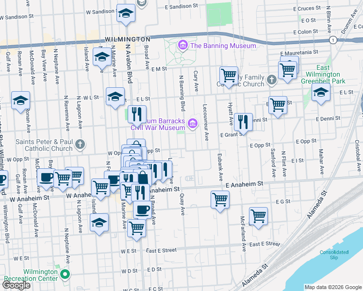 map of restaurants, bars, coffee shops, grocery stores, and more near 1001 North Banning Boulevard in Los Angeles