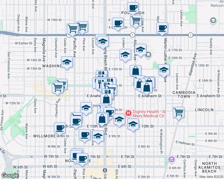 map of restaurants, bars, coffee shops, grocery stores, and more near 1337 Elm Avenue in Long Beach