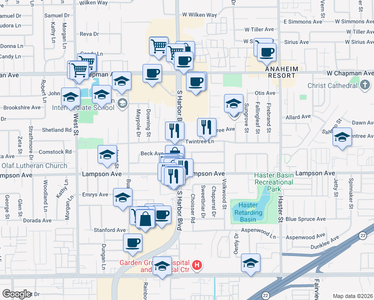 map of restaurants, bars, coffee shops, grocery stores, and more near 12582 Willowood Avenue in Garden Grove