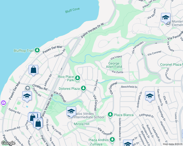 map of restaurants, bars, coffee shops, grocery stores, and more near 1628 Vía Machado in Palos Verdes Estates