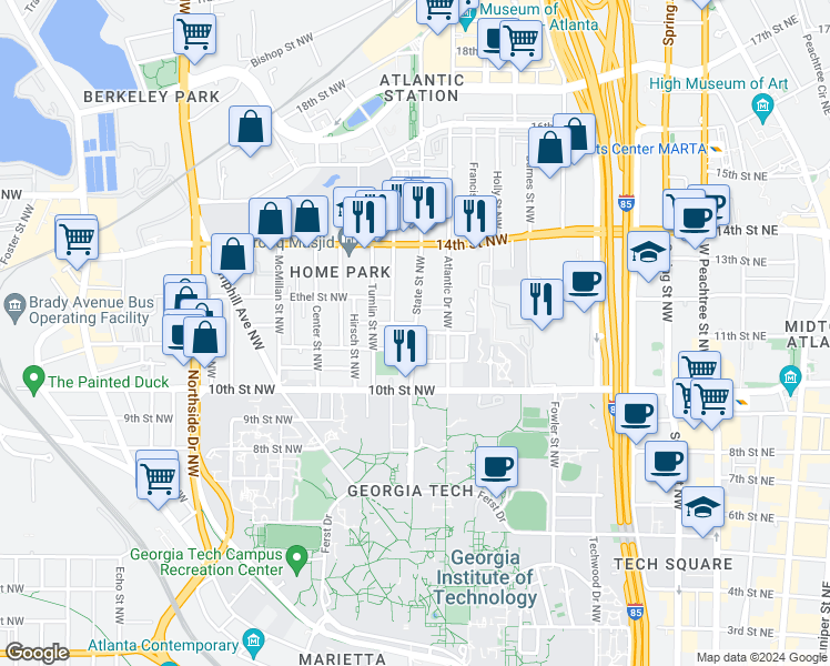 map of restaurants, bars, coffee shops, grocery stores, and more near State Street Northwest & 11th Street Northwest in Atlanta