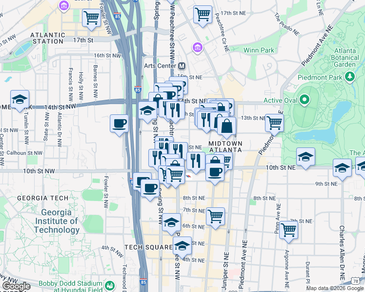 map of restaurants, bars, coffee shops, grocery stores, and more near in Atlanta