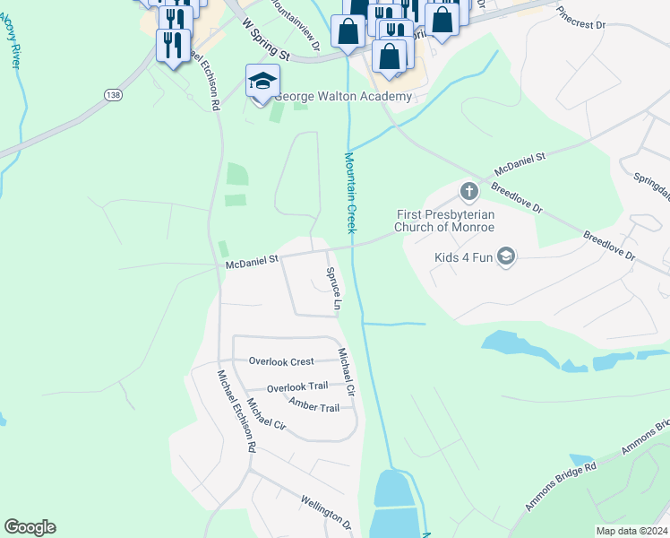 map of restaurants, bars, coffee shops, grocery stores, and more near 411 Spruce Lane in Monroe