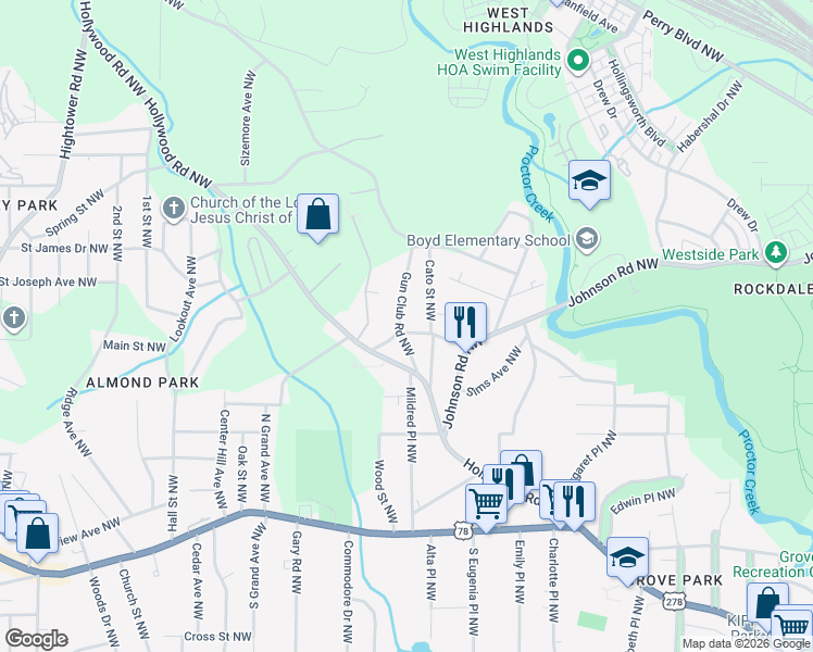 map of restaurants, bars, coffee shops, grocery stores, and more near 2090 Hollywood Drive Northwest in Atlanta